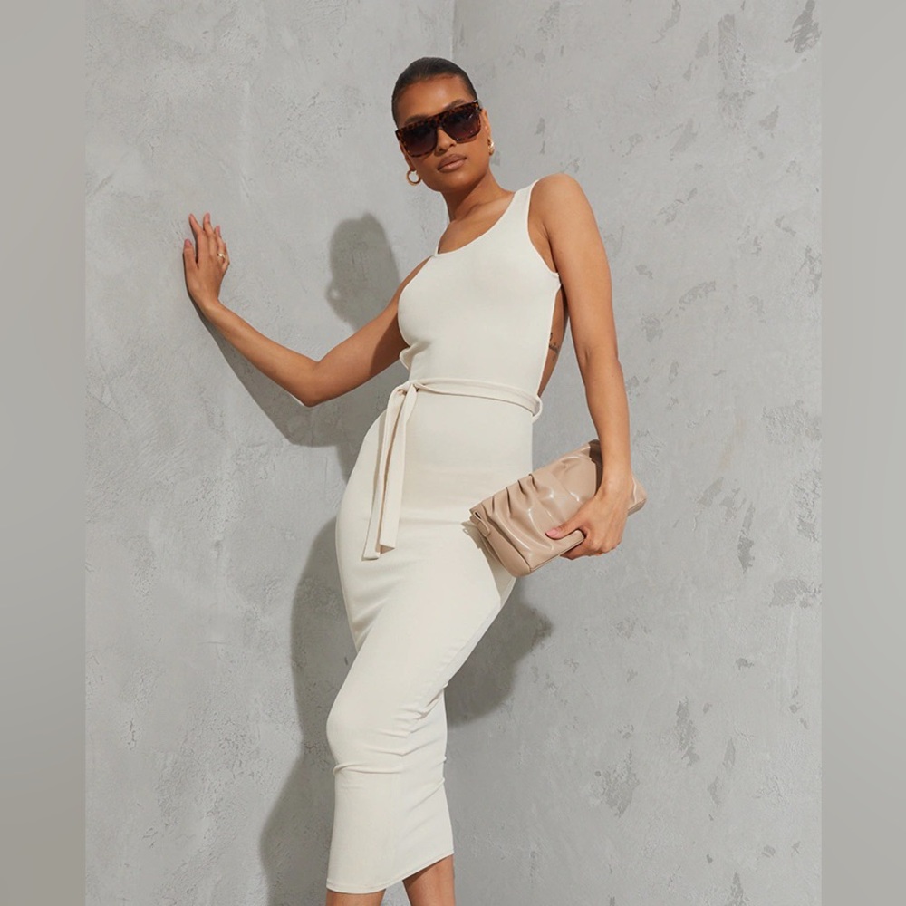 Pretty Little Thing - Cream Rib Cut Out Back Detail Tie Waist Midaxi Dress